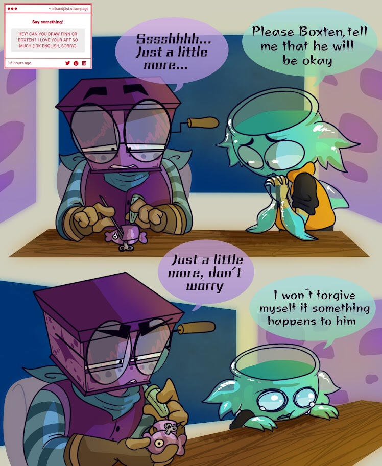 Comic of a music box reparing a fishbowl toy, made by INK.