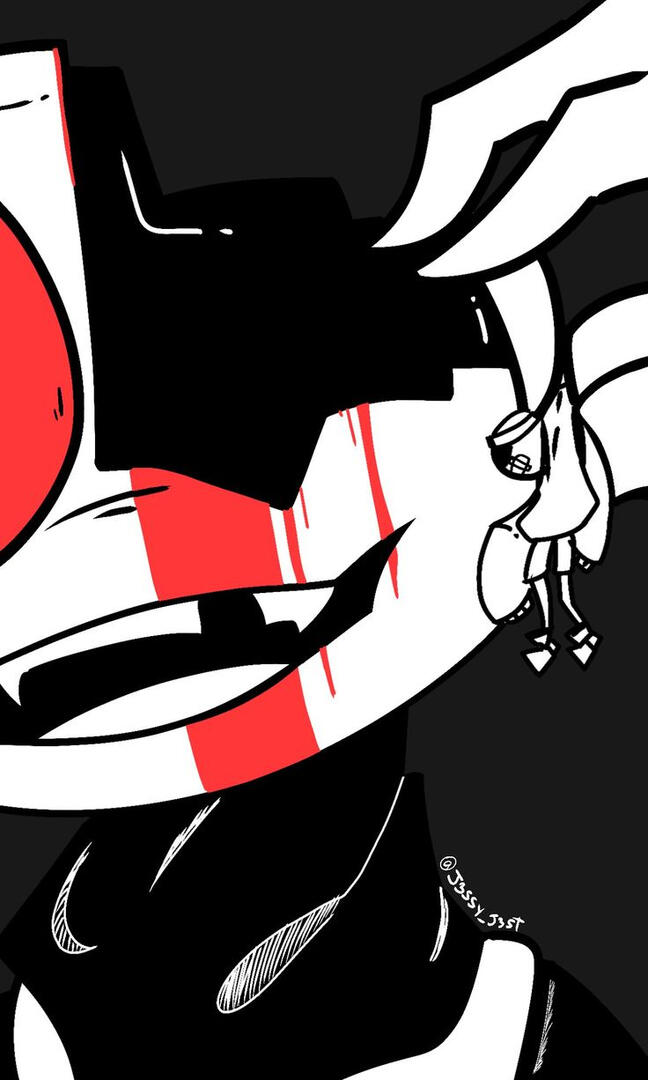 A drawing of a killer picking up a fellow victim, made by J3ST.